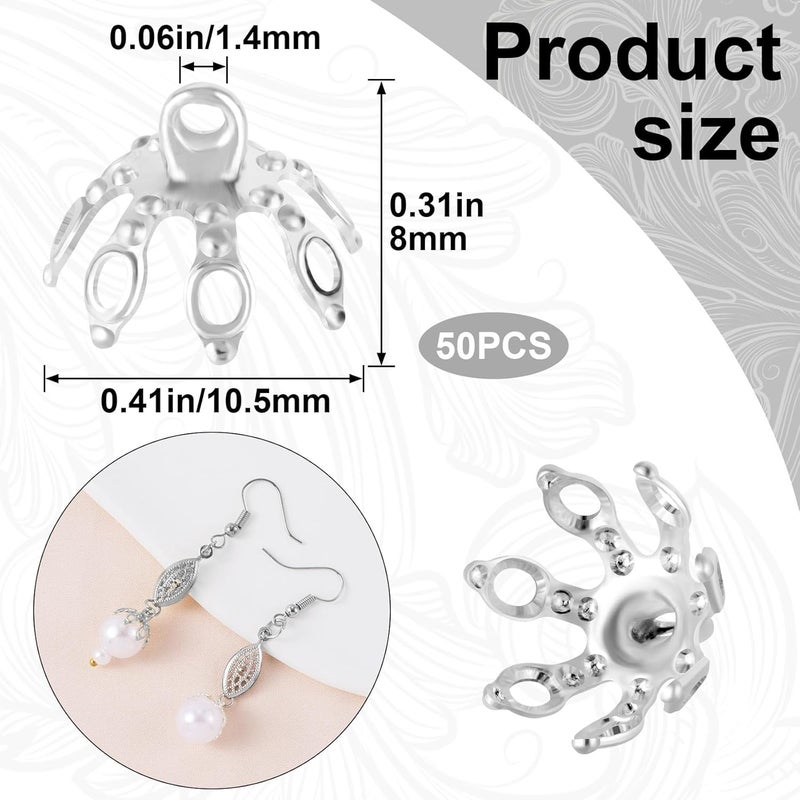 ANCIRS 50 Pcs Flower Bead Caps, End Cap Bails for Necklace, 7 Prong Bell Bead Cap, Metal Spacer Flower Beads for Bracelets, DIY, Crafts, Jewelry Making (Silver) - Image 2